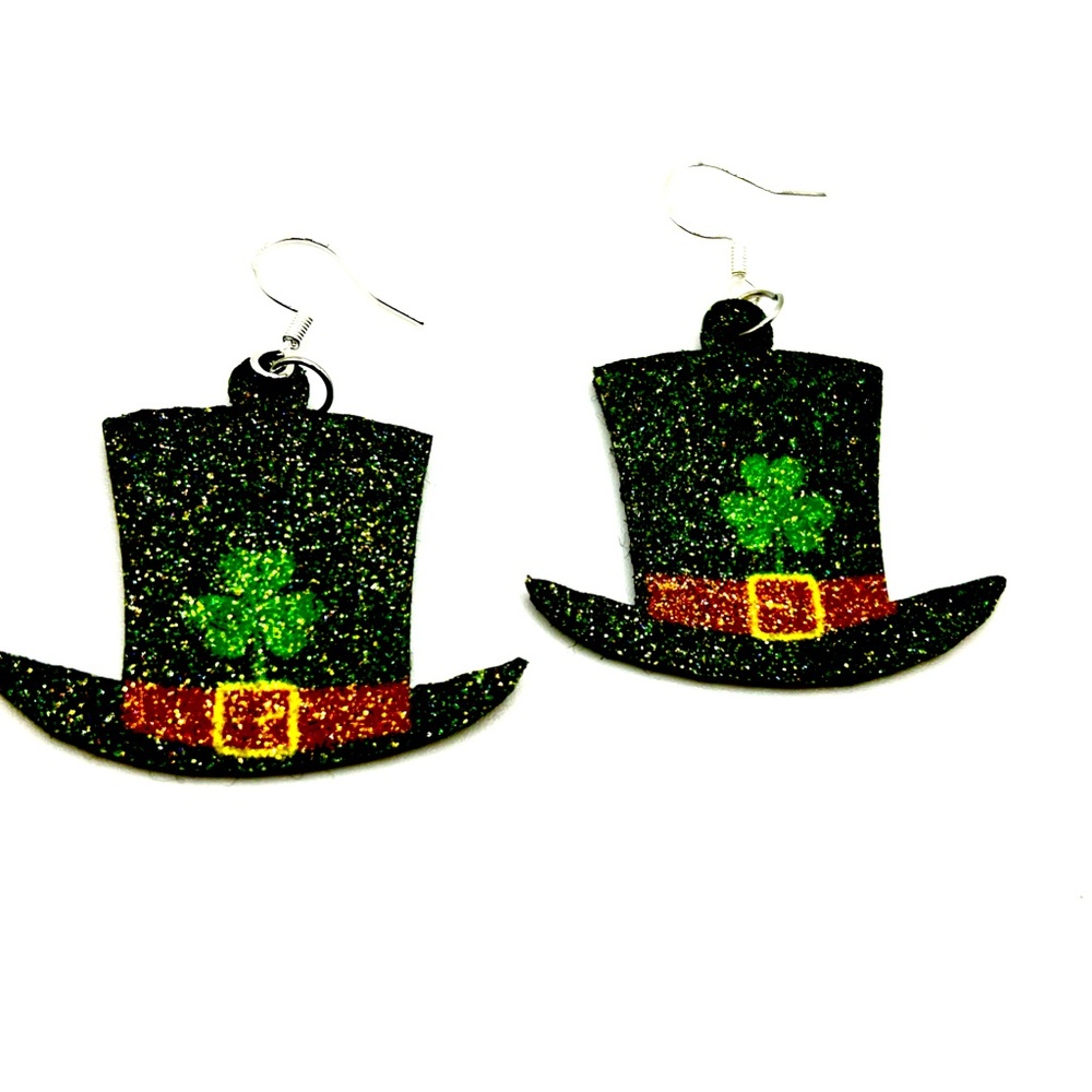 NEW St. Patrick's Day Lucky Irish Black Top Hat with Shamrock accent Earrings